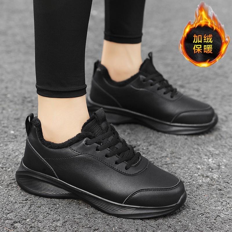 Autumn and winter velvet warm shoes leather surface waterproof and non-slip shoes black long standing feet casual shoes
