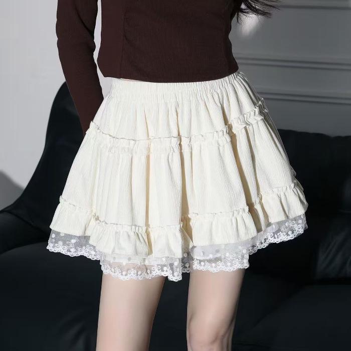 Lace-Trimmed A-Line Flare Skirt for Women - High Waist, Slimming, Sweet Style for Autumn/Winter 2025