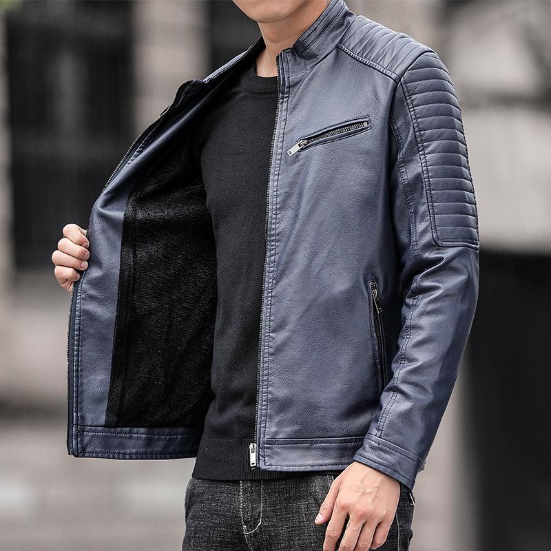 Men's Leather Jacket Spring and Autumn New Trendy Motorcycle Stand Collar Jacket Men's Slim Korean Style Green Pu Leather Jacket