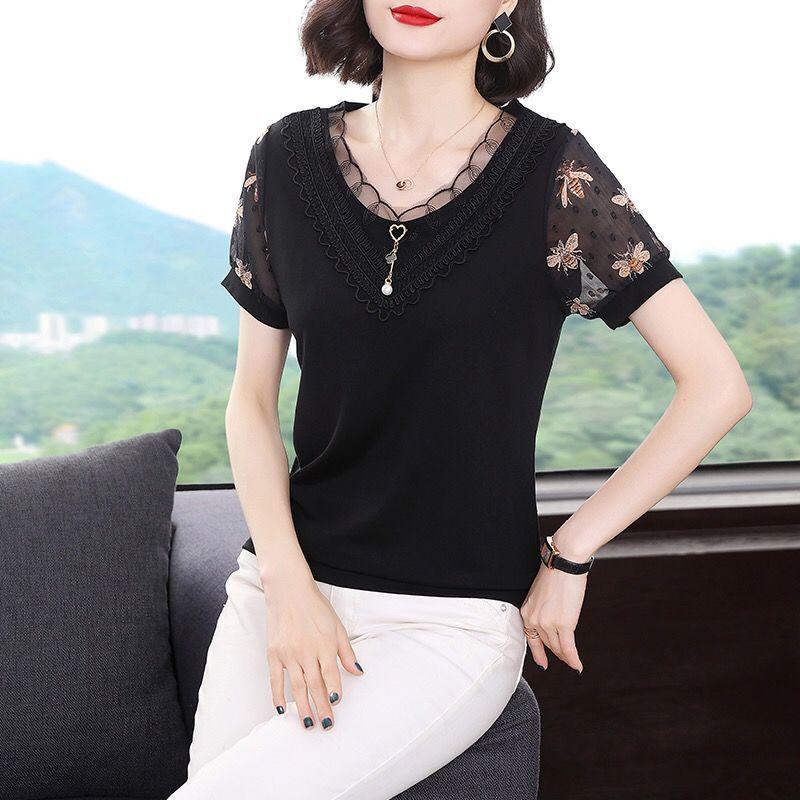 2023 Summer V-Neck Lace Chiffon Blouse for Women - Fashionable Short Sleeve Top for Middle-Aged Moms