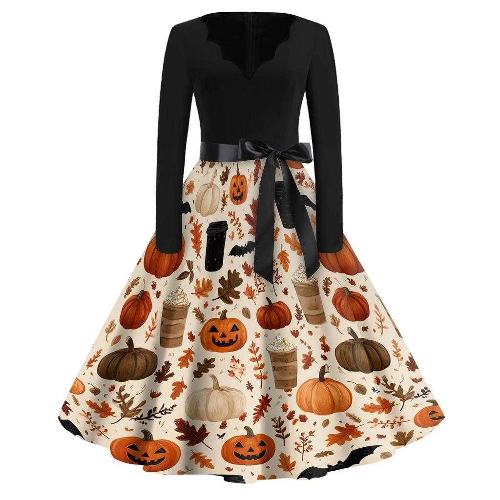Women's Casual Vintage Halloween Dress V Neck Long Sleeve Retro Printed Swing Dress with Waist Tie Belt for Fall Seasonal Wear
