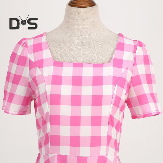 Damen Vintage-Kleid mit Karomuster, quadratischem Kragen, kurzärmelig, Midikleid mit hoher Taille und Schleifendekor, A-Linie, Swing-Kleid
