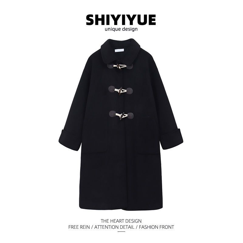 

Korean version Chic autumn and winter horn button woolen coat for women Korean version loose small medium and long black woolen coat S чорний