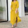 Vintage Elegant Women Dress V Neck Long Sleeve Lapel Slit Waist Pocket Dresses