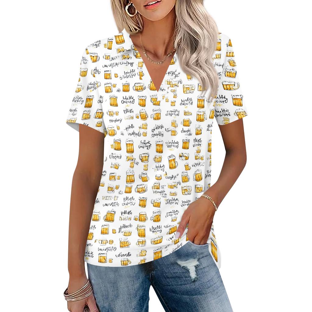 Women’s Casual V Neck Short Sleeve Collared Shirt with Festival Print Relaxed Fit Lightweight Top for Summer