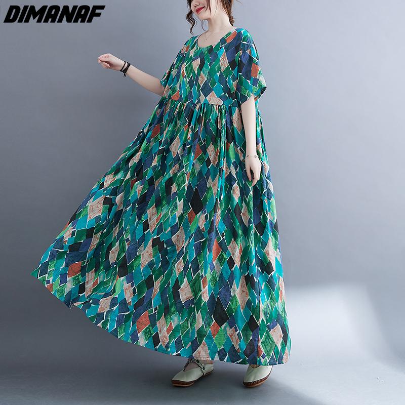 DIMANAF kobiety sukienka letnia Plus rozmiar plażowa sukienka lniana czeski nadruk kwiaty moda Lady Vestidos luźna długa sukienka na co dzień Oversize 9063