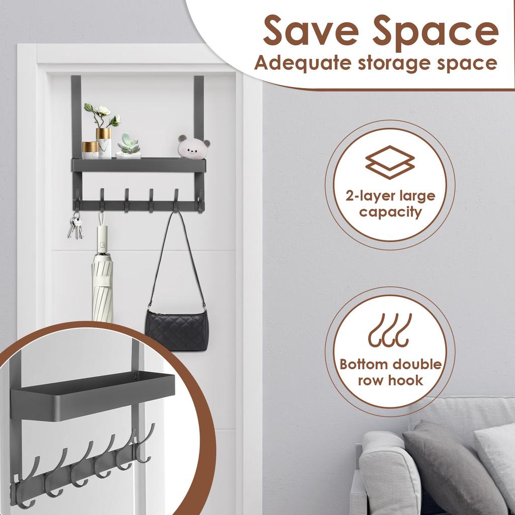 2Pcs Over the Door Organizer with 6 Hooks Aluminum No Drill Storage Rack Multi Purpose Clothes Hanger for Wallet Key Towel Coats