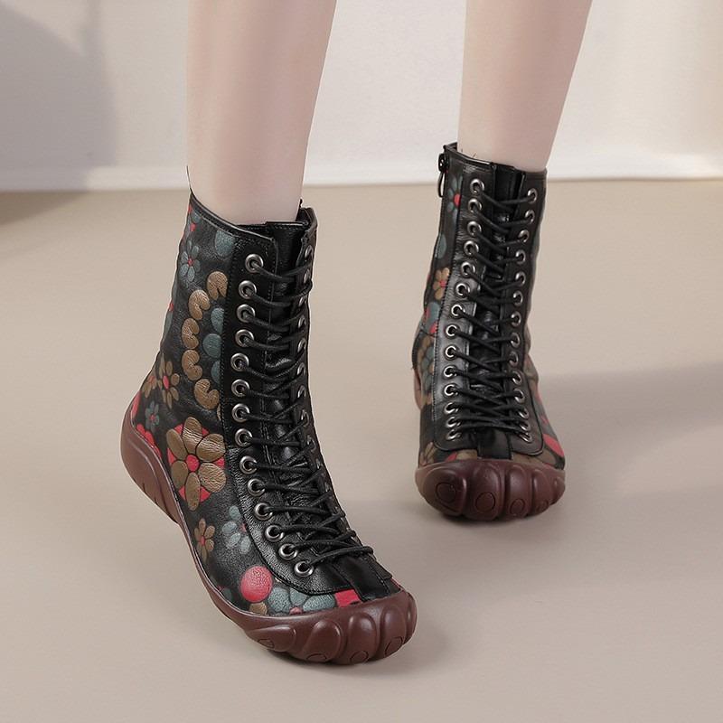 Autumn and winter new flat-bottomed beef tendon sole women's boots leather printed medium tube Martin boots warm and comfortable cotton shoes women