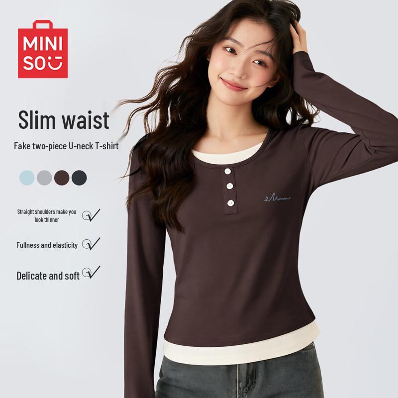 

MINISO Women s Faux Two-Piece Long Sleeve Tee M