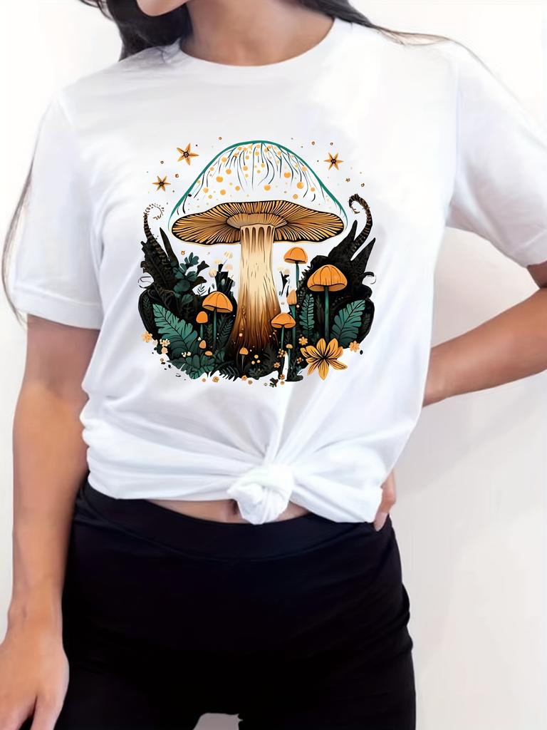 Whimsical Mushroom Forest Women's Tee - Enchanted Graphic, Casual Black Top