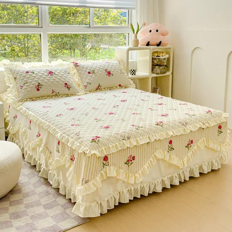 Copriletto trapuntato addensato in cotone 100% Copriletto trapuntato king size queen size Gonna da letto in pizzo principessa Copriletto in puro cotone non inclusa federa