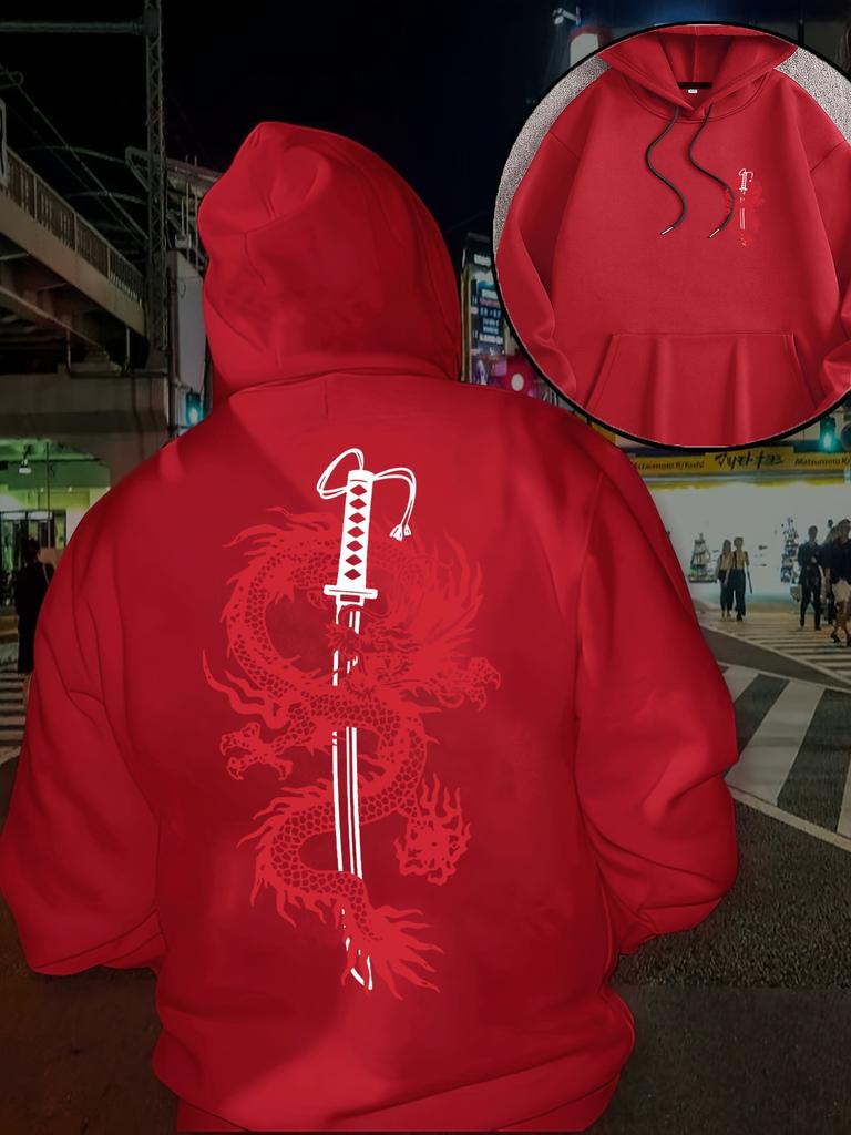 Japanese Guochao Panlong Samurai sword front and rear printed hooded sweater, red loose shoulder couple casual hoodie