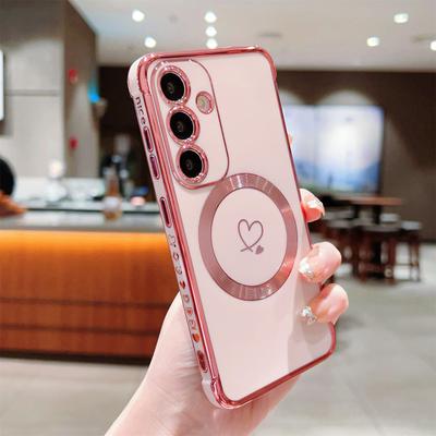 For Samsung Galaxy S23 FE Case Compatible with MagSafe Electroplated TPU Phone Cover Hollow Love Hearts