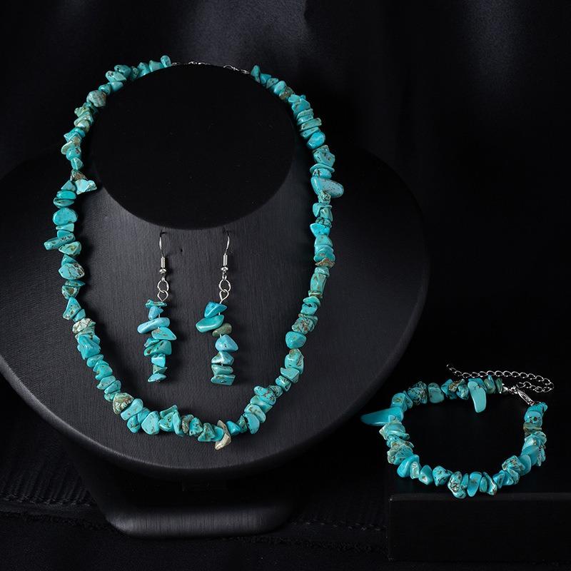 Crystal and Pebble Necklace, Bracelet, Earrings Set - Irregular Stone Decorative Set for Women