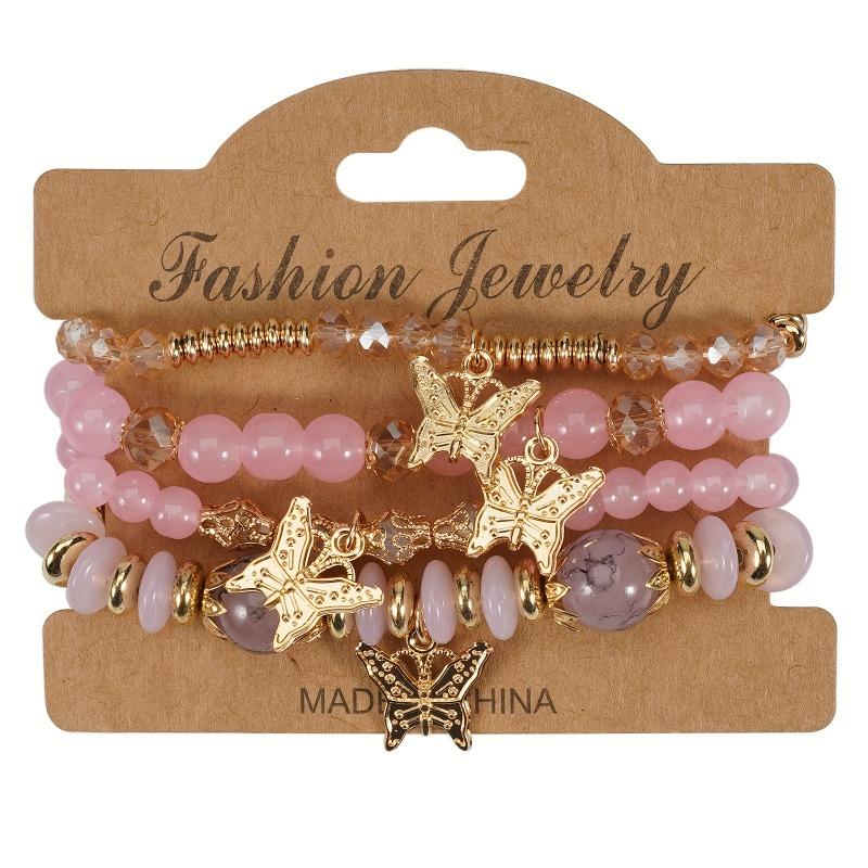 4Pcs Bohemian Butterfly Beaded Bracelets, Crystal Zinc Alloy Pendant, Ladies Daily Party Jewelry