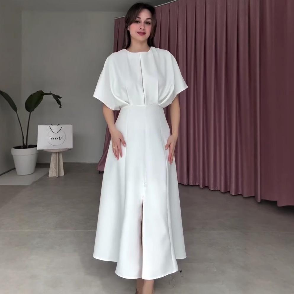 

2025 Hepburn Style French Summer Dress: Elegant Waist-Tie Solid Color Women s Clothing XS белый