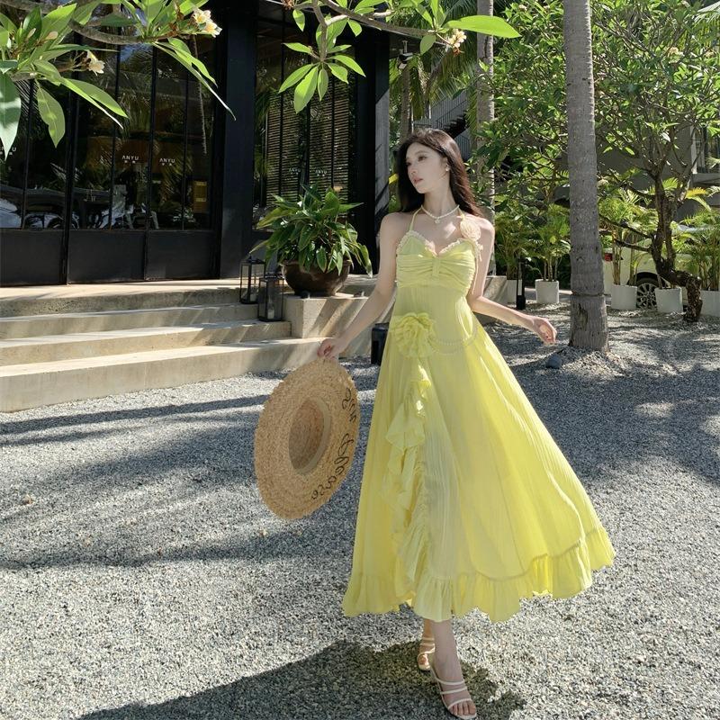 Three-dimensional Flower Ruffle Leaf Edge Neck Dress Women's Summer New Fashion Waist Halter Dress