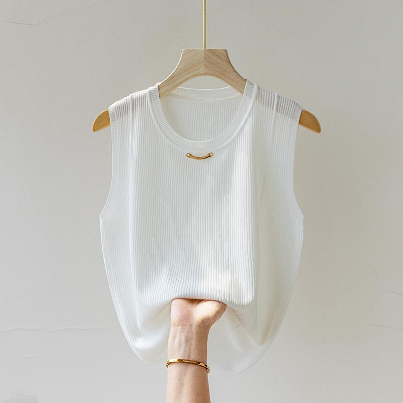 New ice silk suspender vest women's white sleeveless inner bottoming shirt loose with small suit knitted top