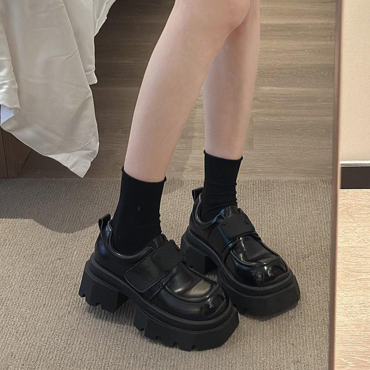 

European Station Leather Big Head Metal Buckle Velcro JK Small Leather Shoes Loafers Single Shoes Platform Muffin Square Heel Women s Shoes 35