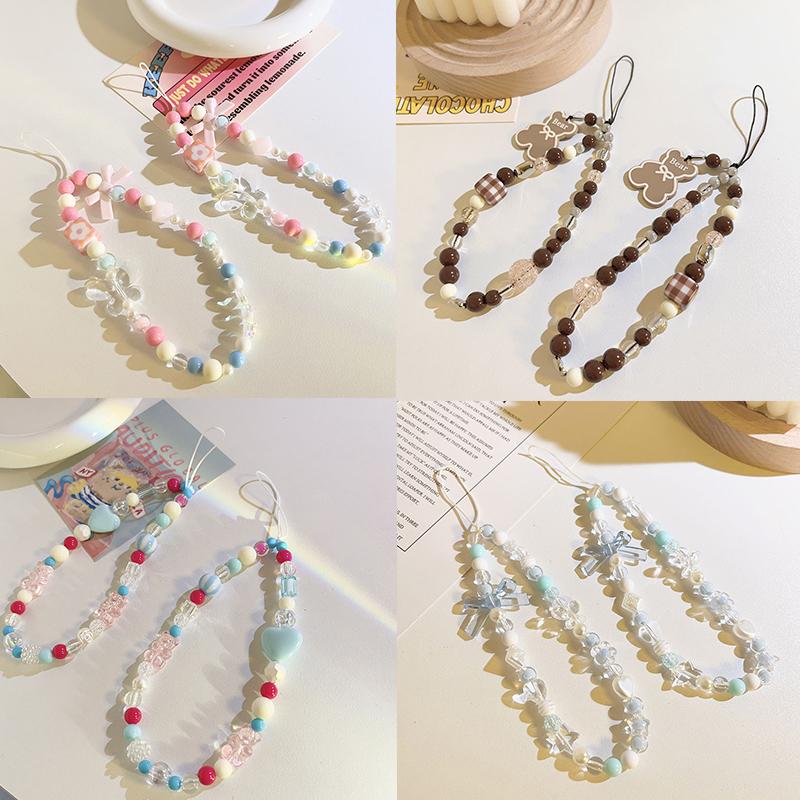 Blue Pink Bowkont Beads Phone Chain Sweet Cool Love Bear Hanging Rope Camera Lanyard Anti-Lost Wrist Straps Bag Accessories