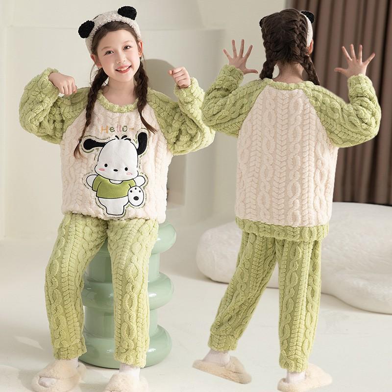 Girls Coral Fleece Pajama Set With Hooded Cartoon Character Design Winter Warm Sleepwear Kids 8 Years