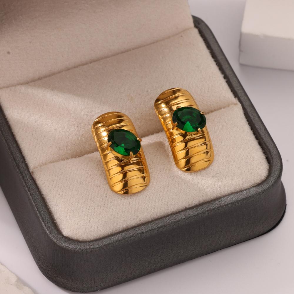 Green Zircon Rectangle Stud Earrings For Women Gold Color Stainless Steel Earring Christmas Wedding Waterproof Jewelry Gift