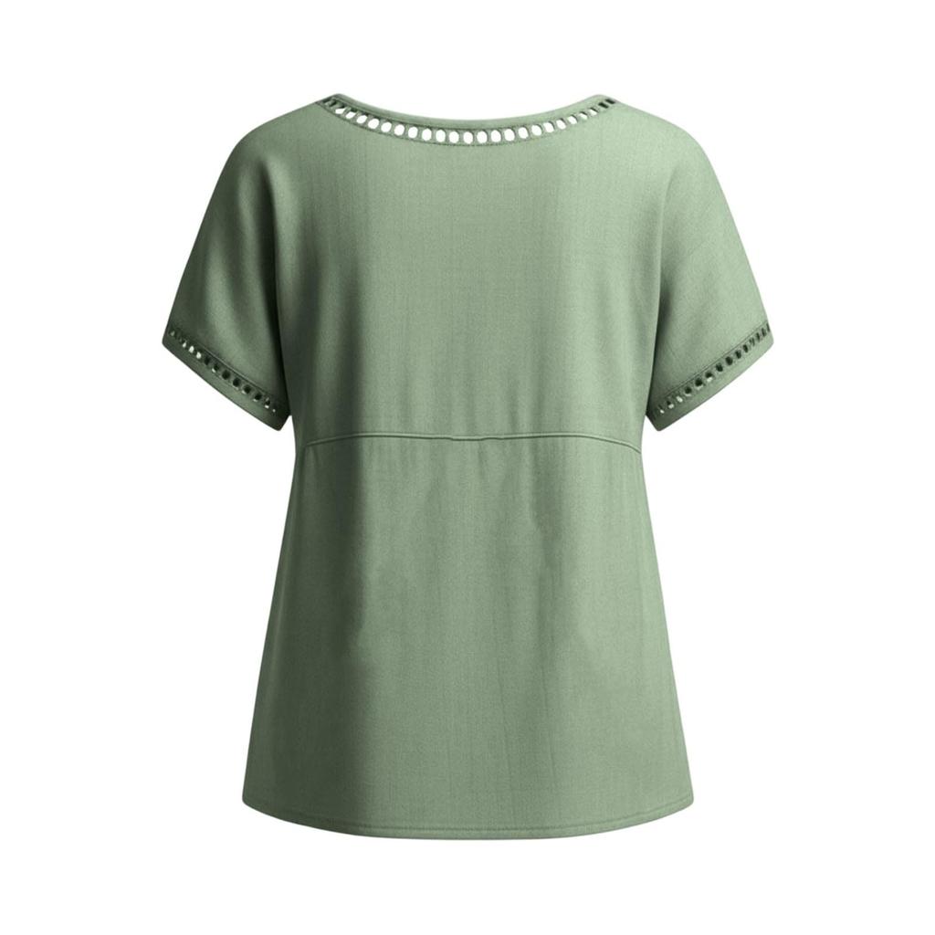 Women Casual Round Neck Shirt Hollow Out Patch Short Sleeve Top Lightweight Loose Fit Blouse for Everyday Wear