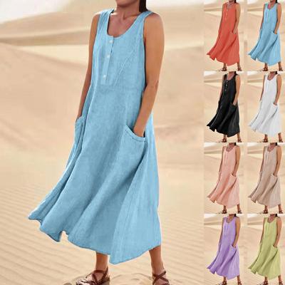 Women's Fashion Casual Solid Colour Sleeveless Cotton Linen Pocket Buttons Dress