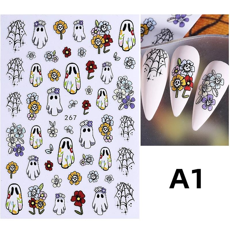 1/6 Pcs Halloween Nail Stickers Cute Skull Pumpkin Ghost Spider Nail Slide Decals Nail Supplies Manicure Decoration