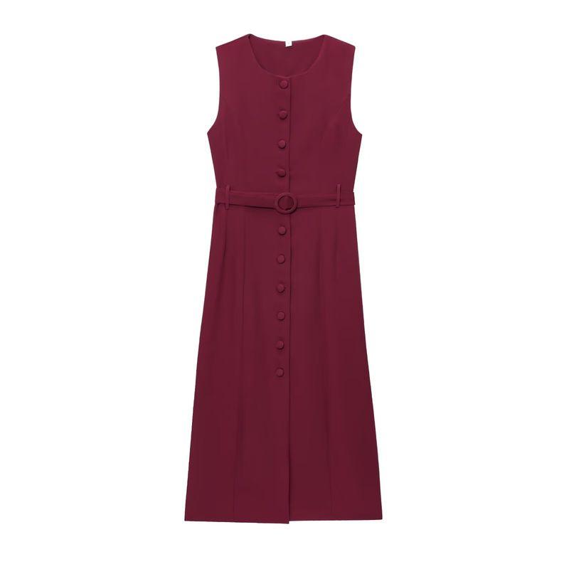 Kaslead New Women Clothes Western Style Fashion Simple Slim Fit Single Breasted Sleeveless Dress