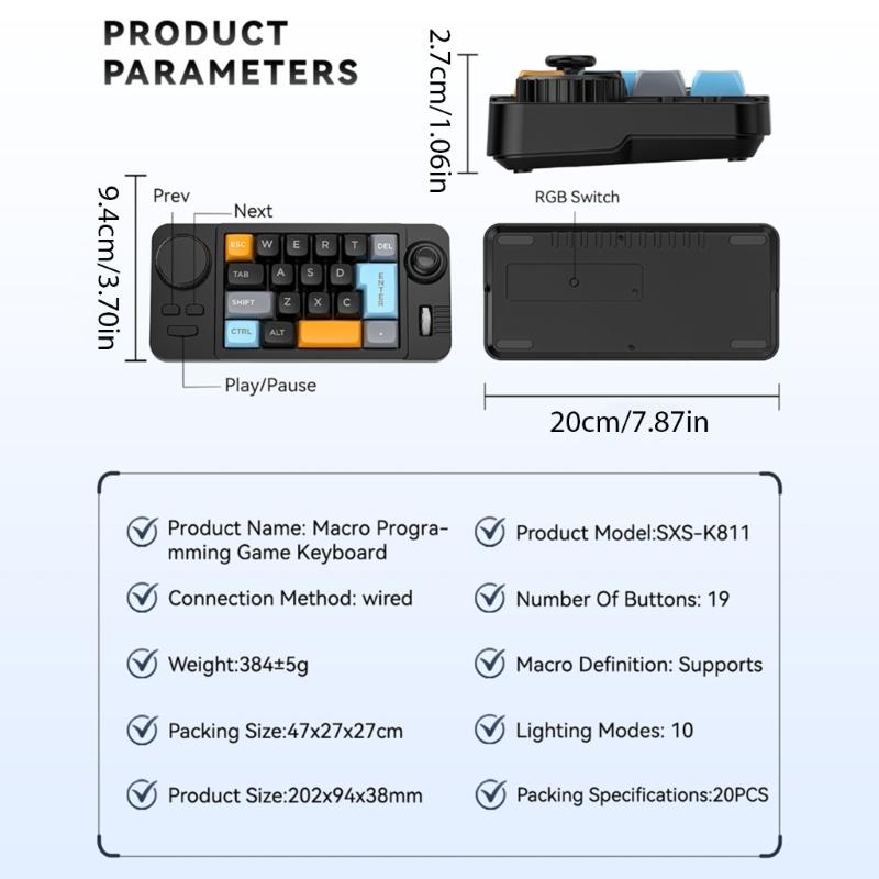Farbbeleuchtete 19-Tasten Mini-Gaming-Tastatur Anpassbarer Joystick Doppel-Makro-Rad Hot-Swap-fähige Schalter