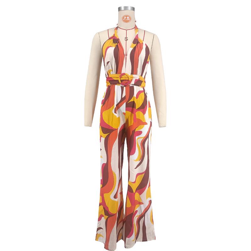 Bedruckter lässiger ärmelloser rückenfreier Jumpsuit mit Trägern und tiefem V-Ausschnitt, weitem Bein für Damen