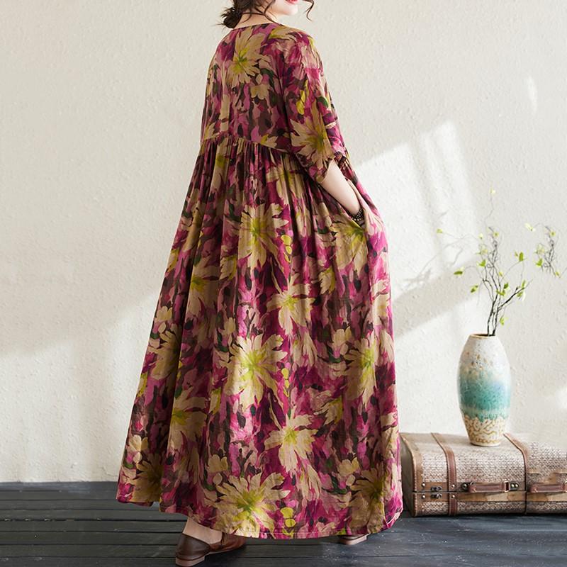 Manga curta plus size algodão vintage floral novo em vestidos para mulheres casual solto longo vestido de verão