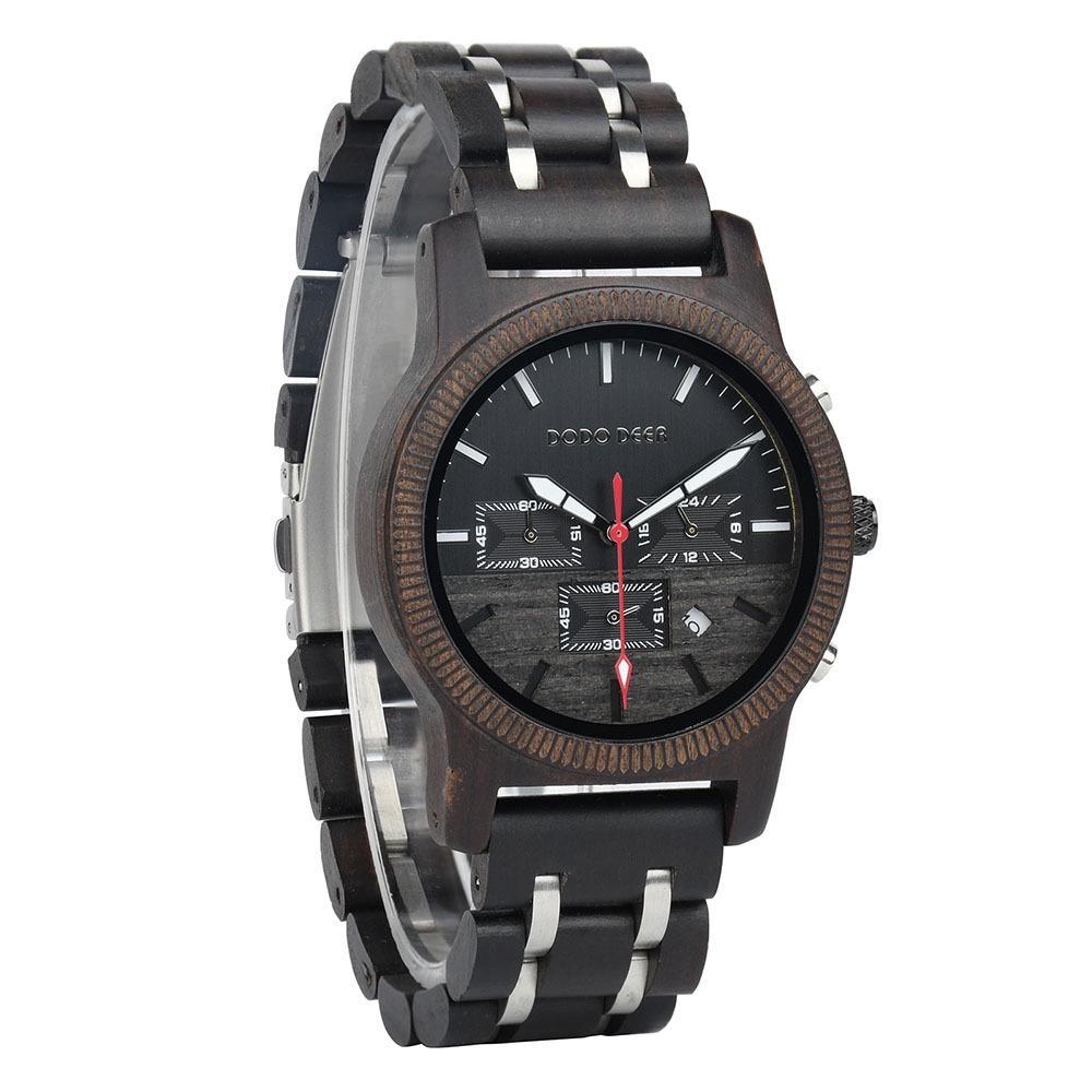Wood Watch Multifunctional Luminous Calendar Chronograph 3-sub Dials Wooden Quartz Wristwatch Gift