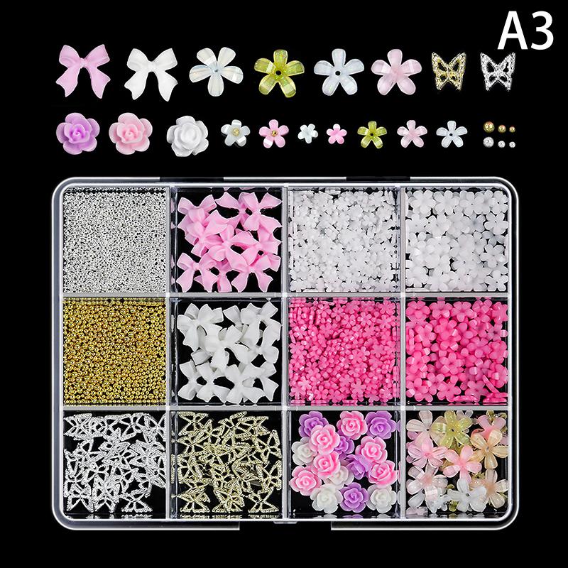 12 Grid Nail Resin Bowknot Bear Nails Art Charms Bowknots Heart Flower Kawaii Diy Decor Lollipop 3D Manicure  Tools