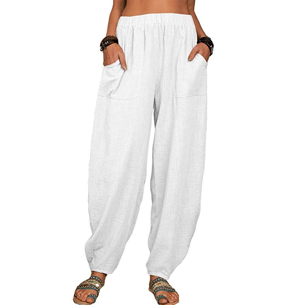 Women's High Waist Harem Pants Loose Fit Trousers Solid Cotton Casual Spring Elastic Waist Long Jogger Pants