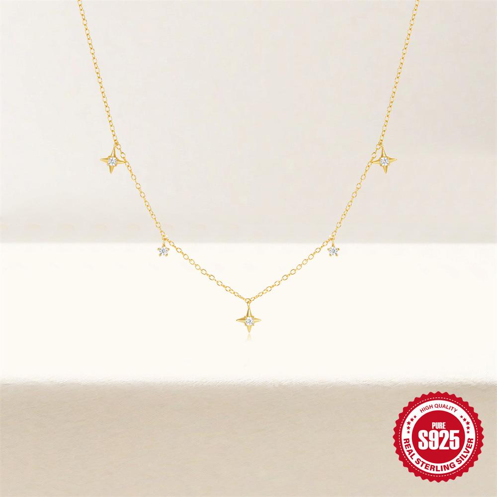 S925 Sterling Silver Quadruple Diamond Clavicle Necklace Fashion French Light Luxury Versatile Clavicle Chain