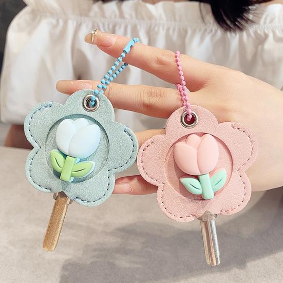 2Pcs Elegant Tulip Key Holder Faux Leather House Shape Keychain