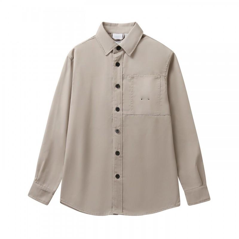 Unisex Casual Loose Fit Long Sleeve Cotton Shirt Fall Solid Color Wrinkle Resistant Pocket Detail