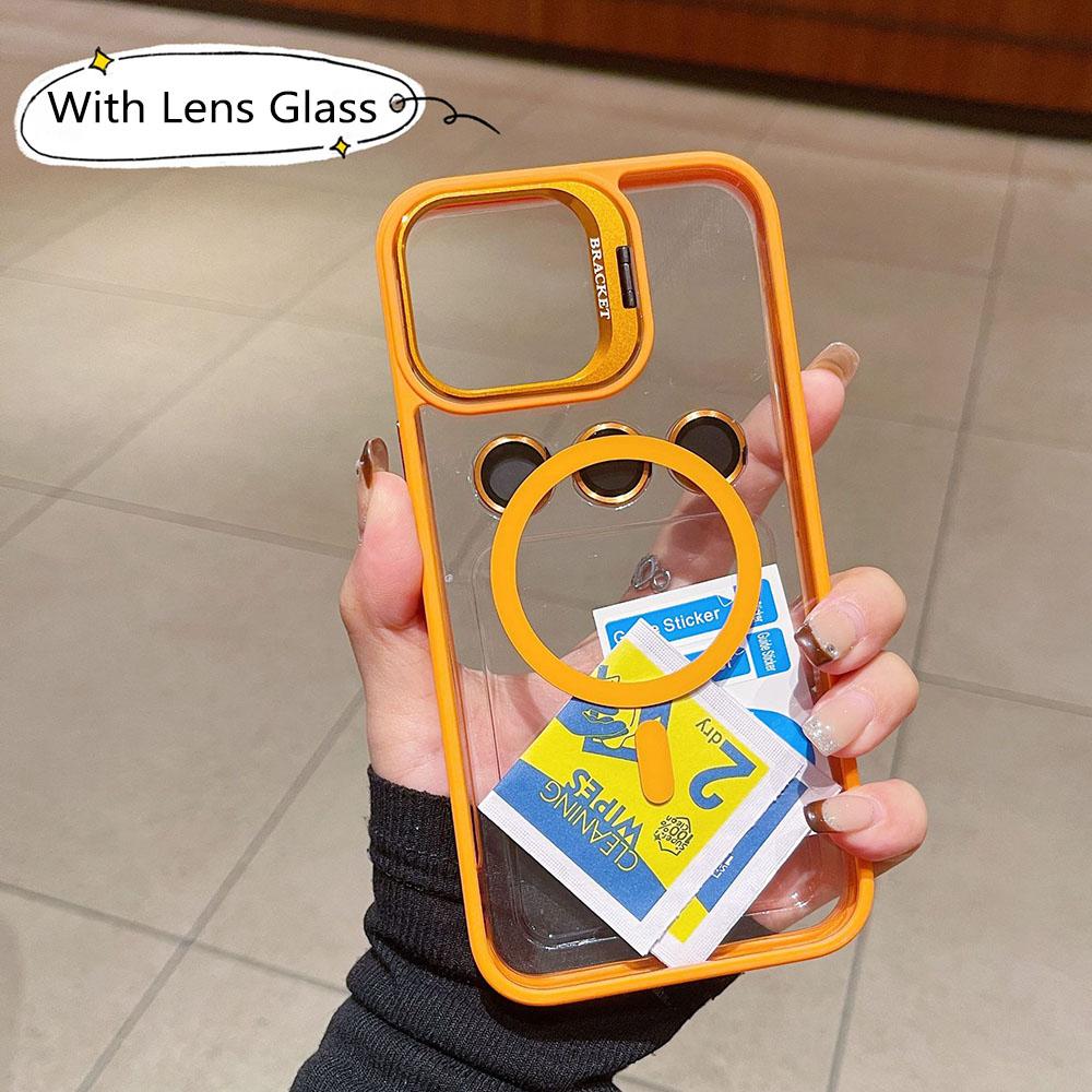 Luxury Magnetic Shockproof Phone Case For iPhone 16 15 14 13 12 11 Pro Max For Magsafe Funda Stand Glass Lens Protector Cover