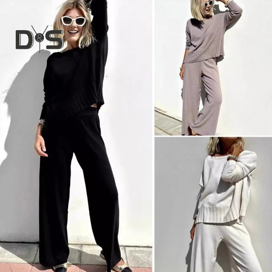 2 шт./комплект женский топ брюки костюм круглый вырез длинный рукав трикотажный — фото 4