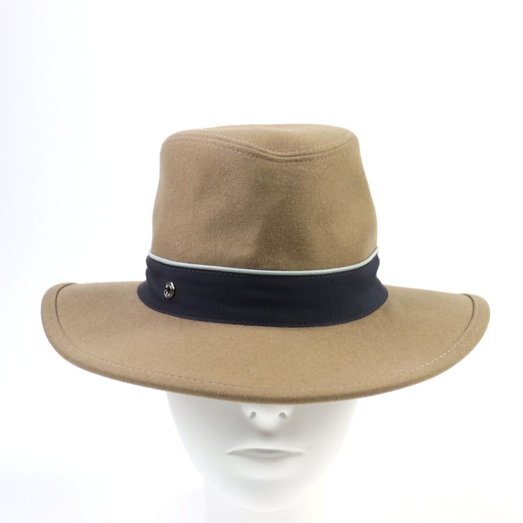 Excellent HERMES Hat Serie Buttons, Leather, H Logo All-over Felt Lining Beige Cashmere 57 Used
