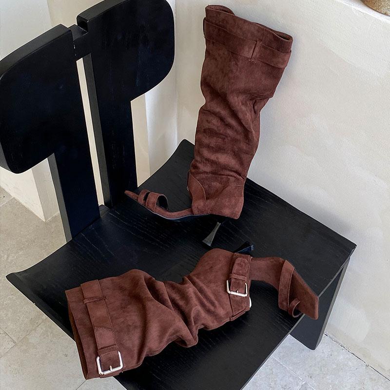 Móda Dámská Obuv s Otevřenou Špičkou Dámské Sandály Kozačky s Tenkými Podpatky Boty Čtvercová Špička Módní Semišové Dámské Kozačky po Koleno Boty Lodičky