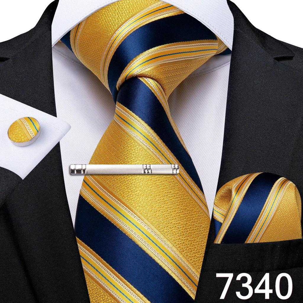 Novelty Feather Tie Gold Navy Silk Necktie Hanky Cufflinks Tie Clip Set for Men Business Party