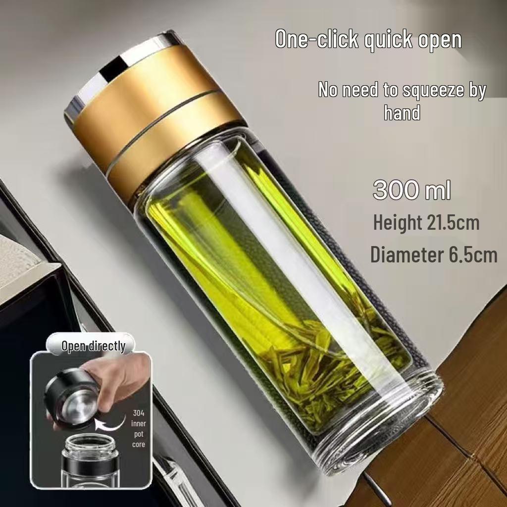 Portable Explosion-Proof Double-Layer Glass Cup with One-Button Open Lid for Tea Brewing - Insulated for Men and Women On Business Trips