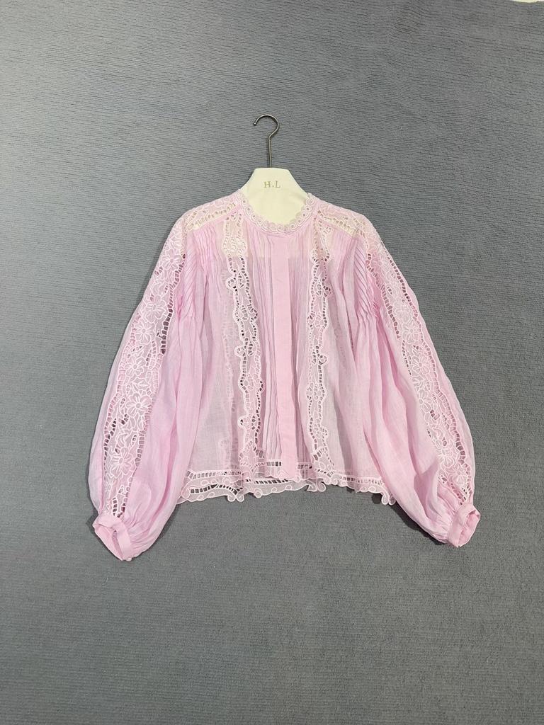 2026 Spring French White Lace Shirt with Loose Lantern Sleeves and Hollow Embroidery