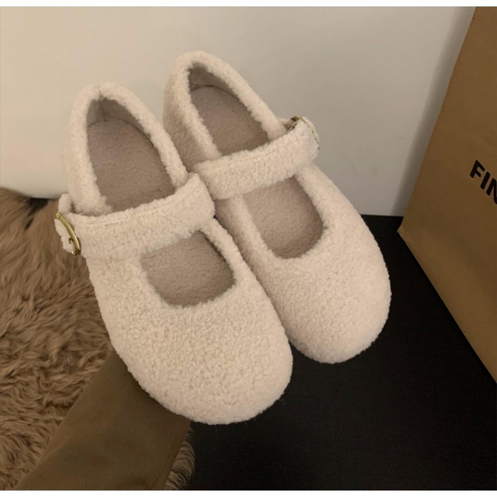 Fashion Fashion Square Toe Fleece Flet Ballet Flats Woman Winter Warm Wool Mary Jane Shoes Ladies Brand Design Elegant Plush Loafers