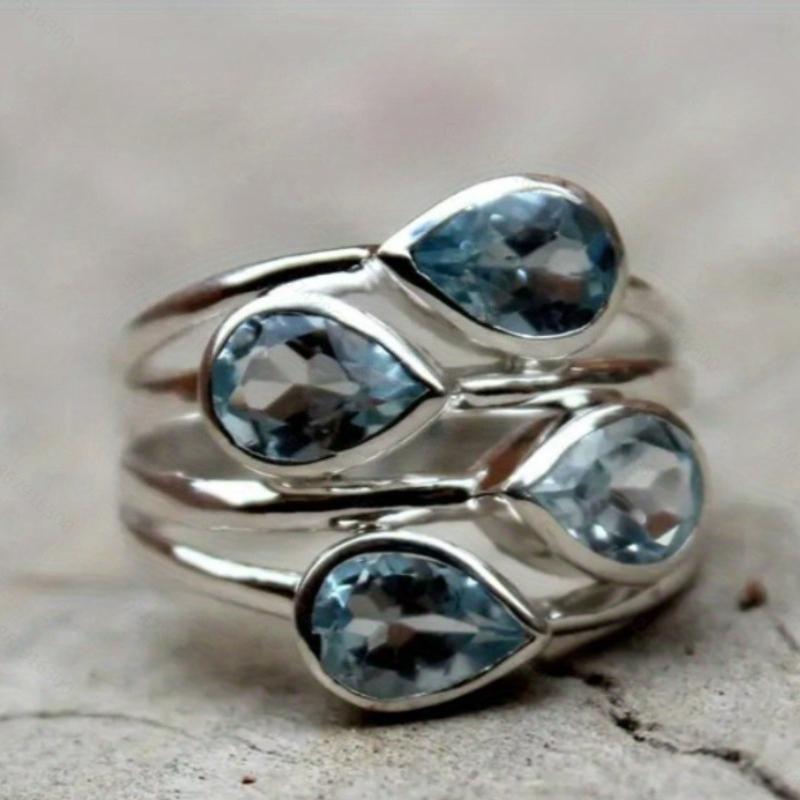 Blauer Wassertropfenförmiger Mehrschichtiger Ring mit eingelegten Zirkonen, Einfaches Design für Damen, Tägliches Accessoire, Geschenk