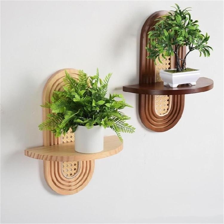 Stylish Rattan Wall Shelf With Wooden Arched Floating Display Stand For Home Decors Plant Decorative Items Hanging Shelf
