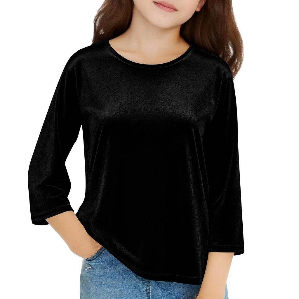 Girls Velvet Tops 3/4 Sleeve T-Shirts Velour Tees Shirts Color Basic Tshirts For Kids